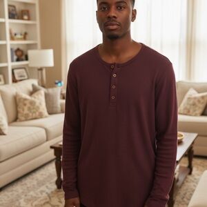 Hedge Clothing Men’s Waffle Knit Long Sleeve Henley - Burgundy - Size L/G